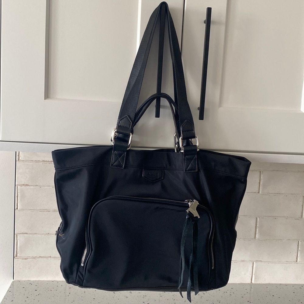 Aimee Kestenberg Black Nylon Leather Travel Tote Weekender Double Handle Bag